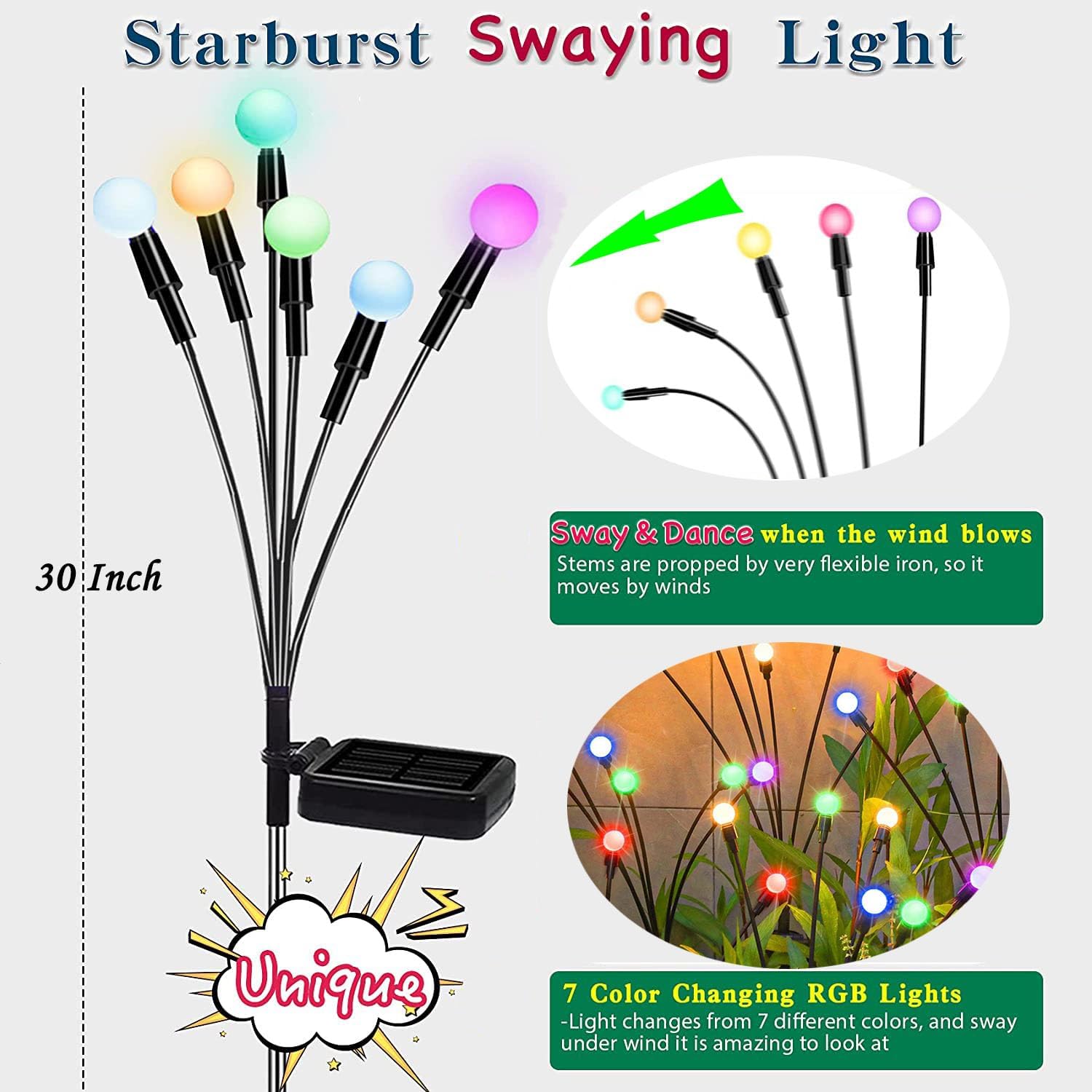 ZUSONUD Luz solar oscilante, balanceo por el viento, nuevas luces solares mejoradas, decoración perfecta para patio y jardín, alambre de hierro de