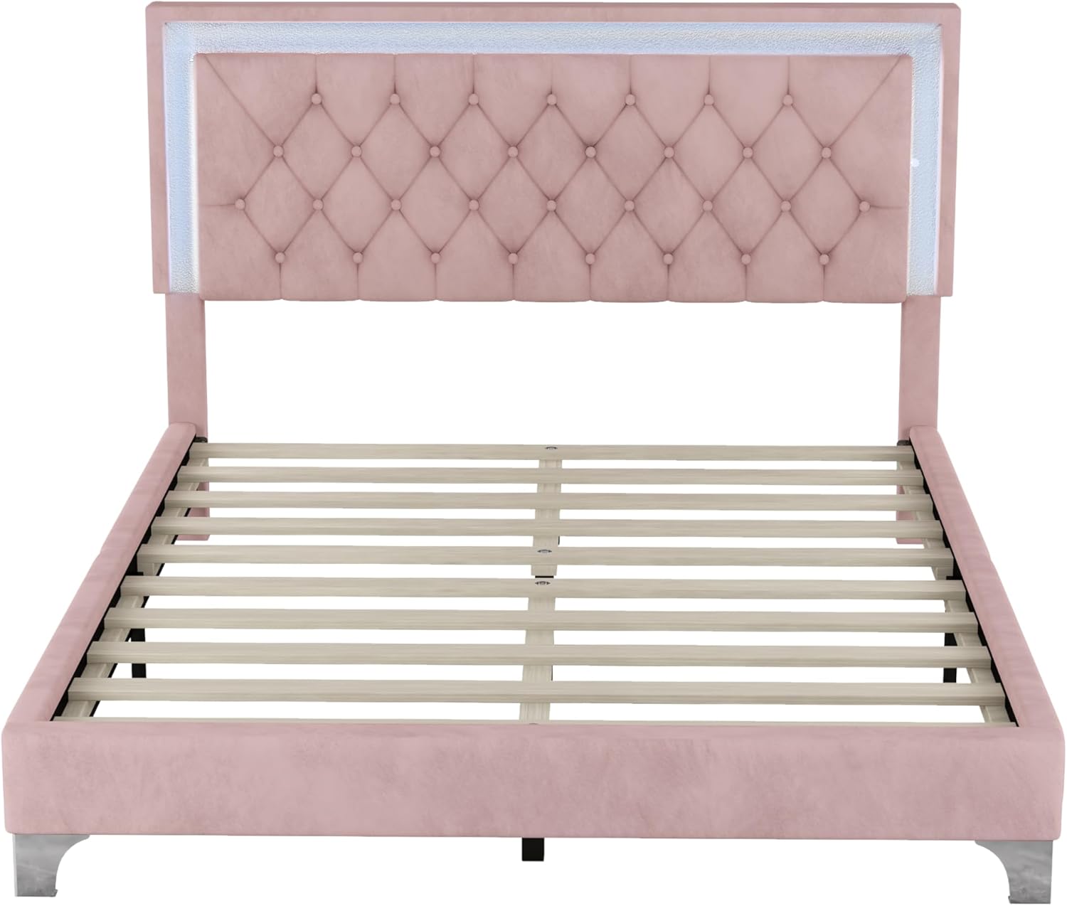 Base de cama tapizada tamaño Queen con luces LED, cama de plataforma de terciopelo moderna con cabecera capitonada de cristal, para niños,