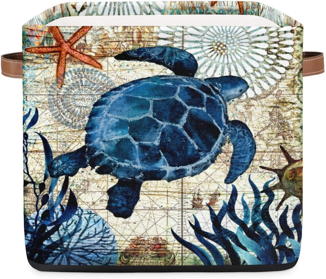 Cesta de almacenamiento de tortuga marina vintage, caja de almacenamiento plegable de tela de 13 x 13 x 13 pulgadas, cubos cuadrados con asas para