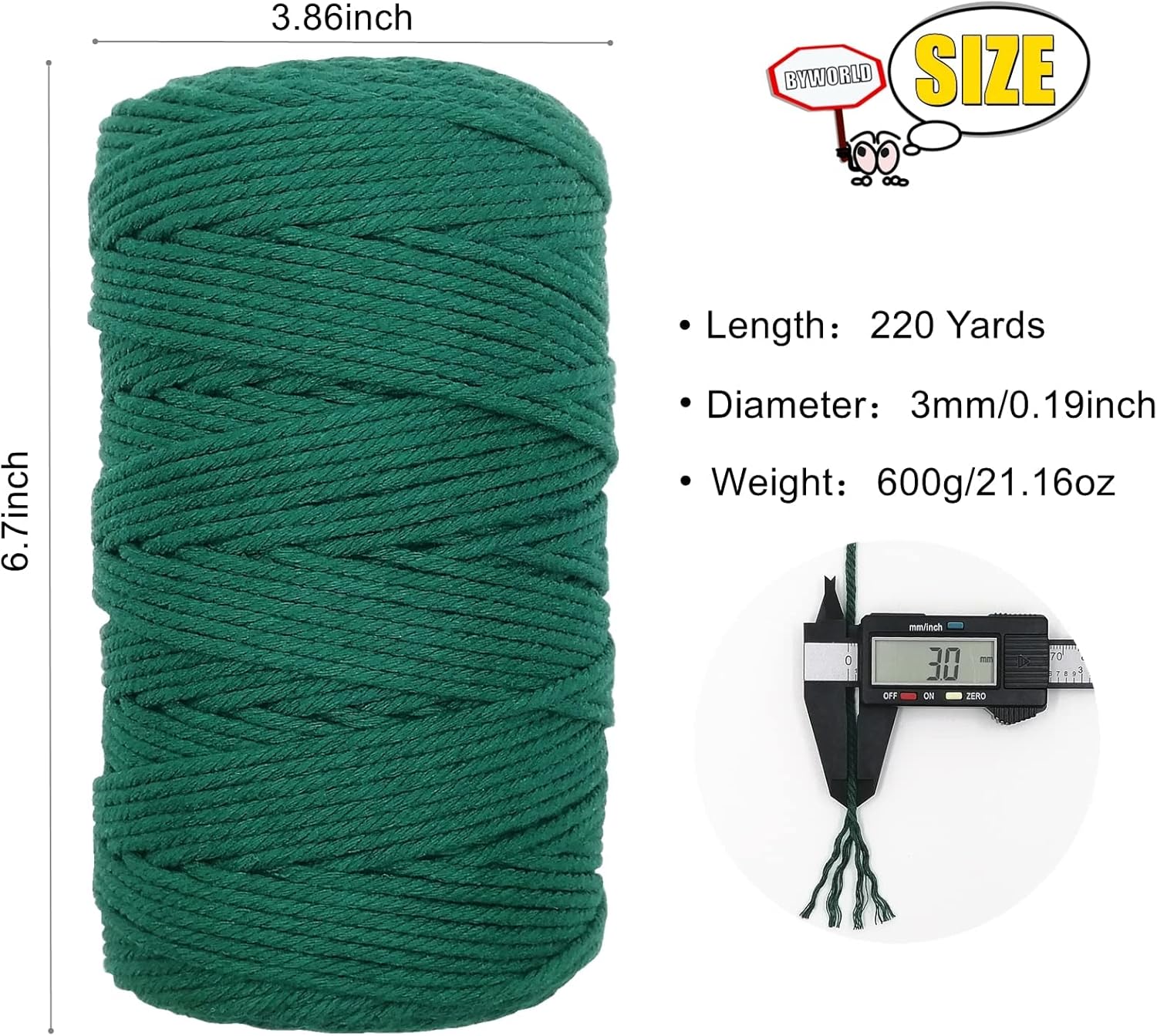 BYWORLD – Cuerda de macramé de 0.118 in, cuerda de algodón de 220 yardas (656.2 ft), cuerda de macramé de color 100% algodón natural para kit de