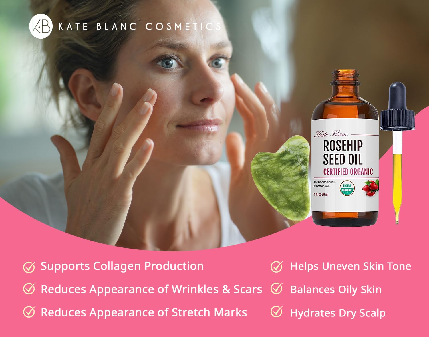 Kate Blanc Cosmetics Aceite de rosa mosqueta para cara y piel con kit de piedra Gua Sha (1 onza) Aceite de semilla de rosa mosqueta orgánico USDA