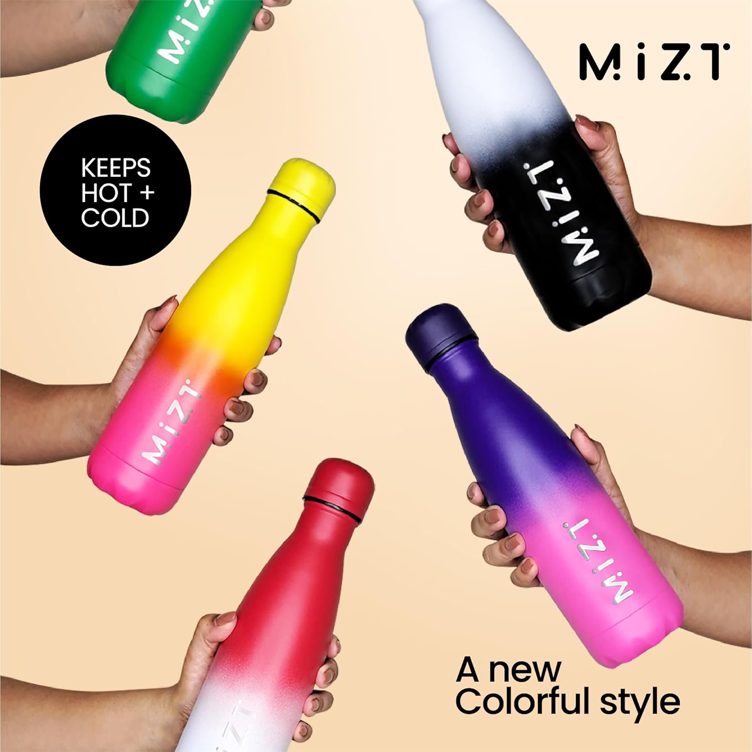 MIZT Botella de agua aislada de acero inoxidable de 17 onzas, 16.9 fl oz, a prueba de fugas, doble pared, para bebidas calientes y frías, perfecta