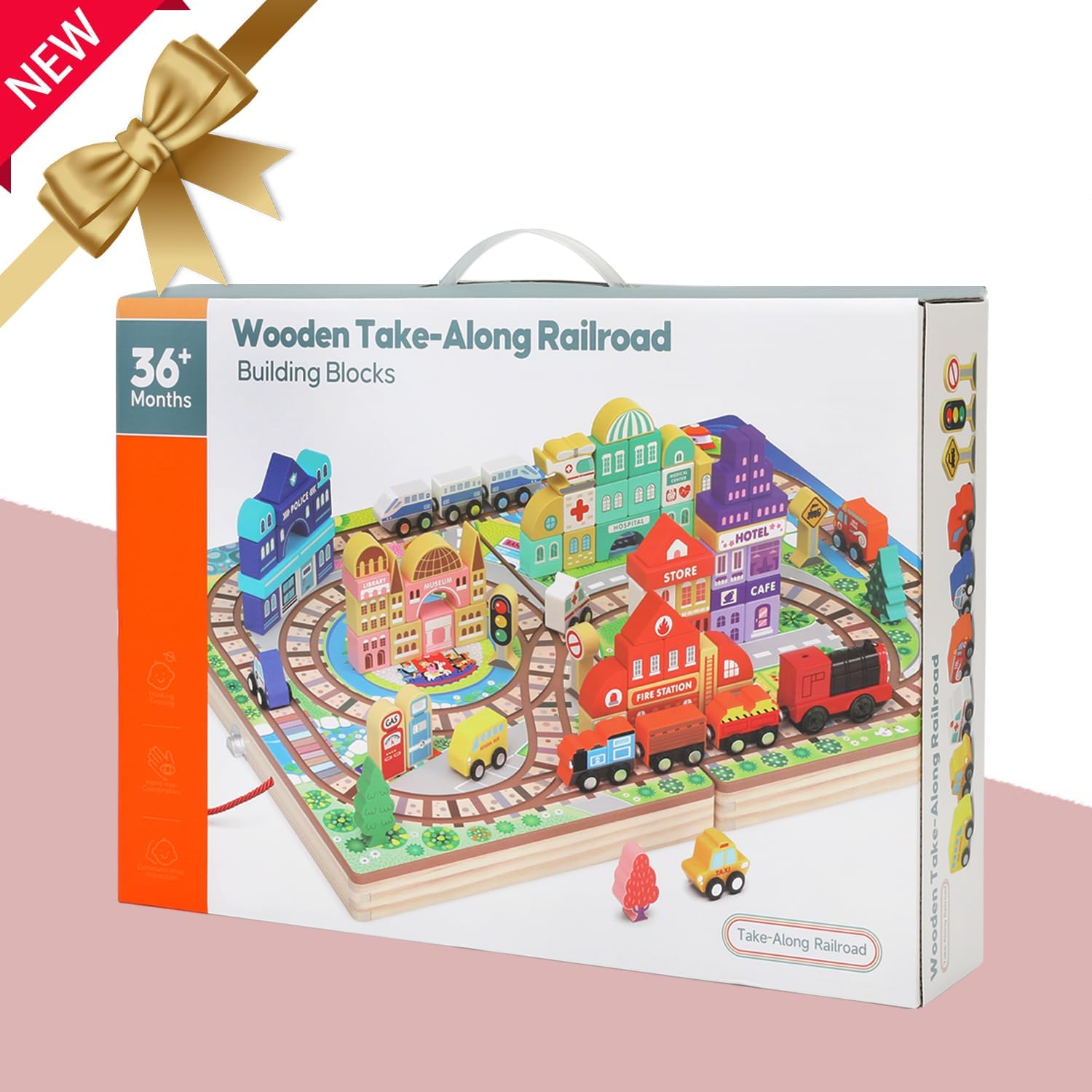 Juego de bloques de construcción de madera, tren eléctrico de construcción de ciudad, bloques apilables, juguetes educativos de aprendizaje