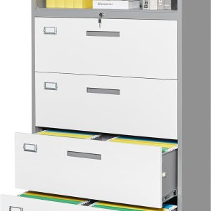 Archivador lateral de 4 cajones con armario con cerradura Armarios de llenado de acero gris y blanco para oficina en casa Armario de Archivador lateral de 4 cajones con armario con cerradura Armarios de llenado de acero gris y blanco para oficina en casa Armario de