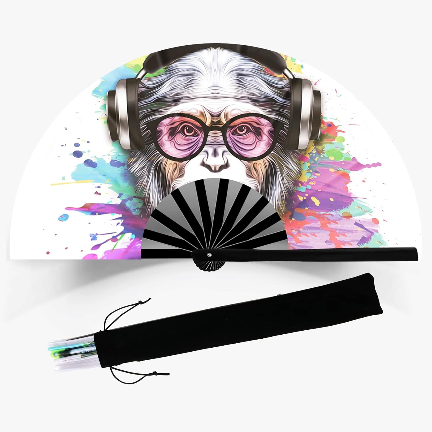 Ventilador de mano plegable grande para hombres y mujeres con bolsa de terciopelo, colorido ventilador UV brillante para fiestas de música