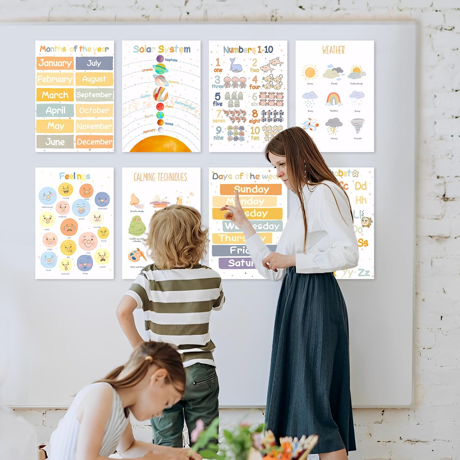 8 Boho Educational Posters for Toddlers, Pre K Learning Posters for Toddlers 3-5, Months of the Year, Numbers, Alphabet Posters Kindergarten