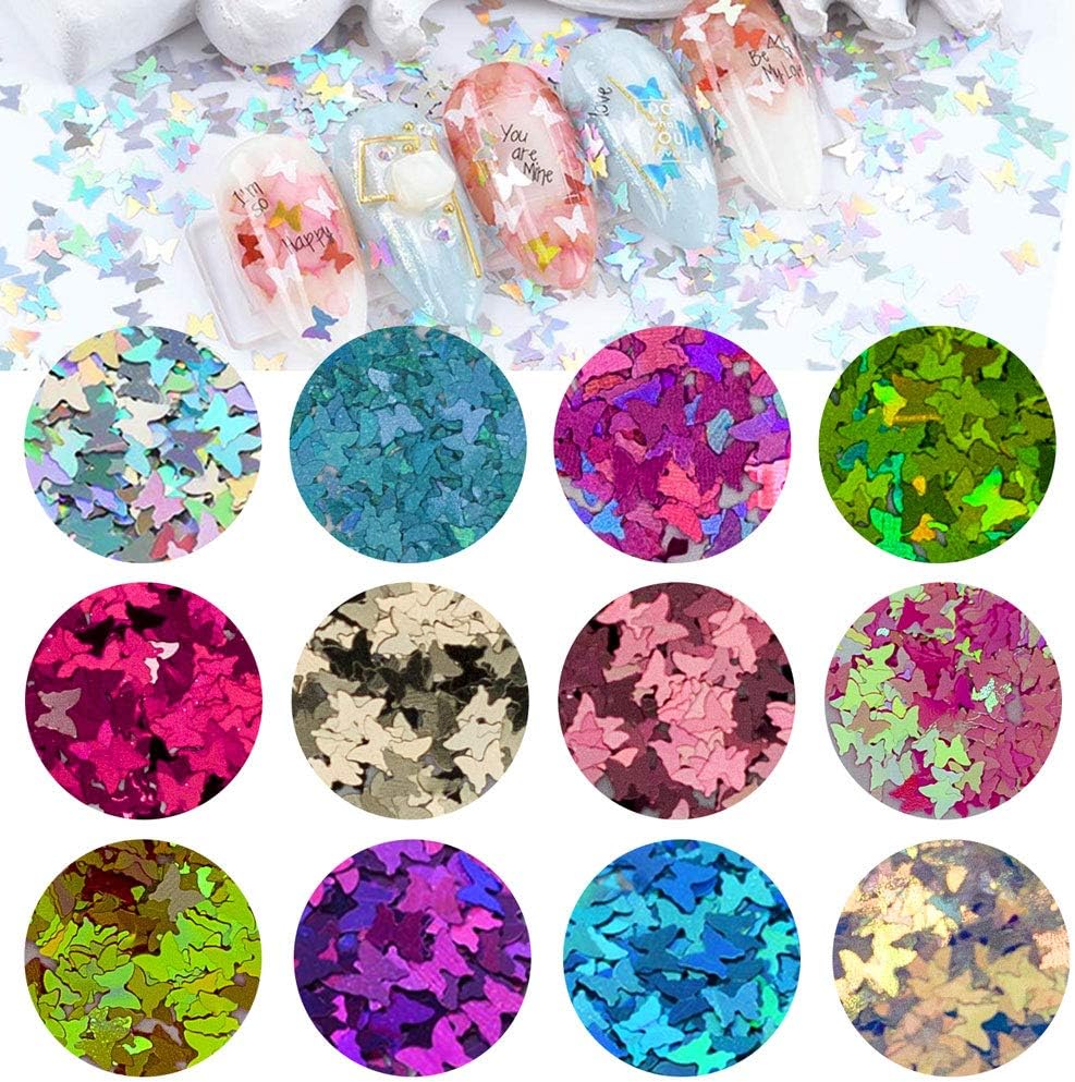 Brillantina holográfica 3D para uñas, 24 coloresjuego de lentejuelas de mariposa para uñas, lentejuelas láser, lentejuelas acrílicas para decoración