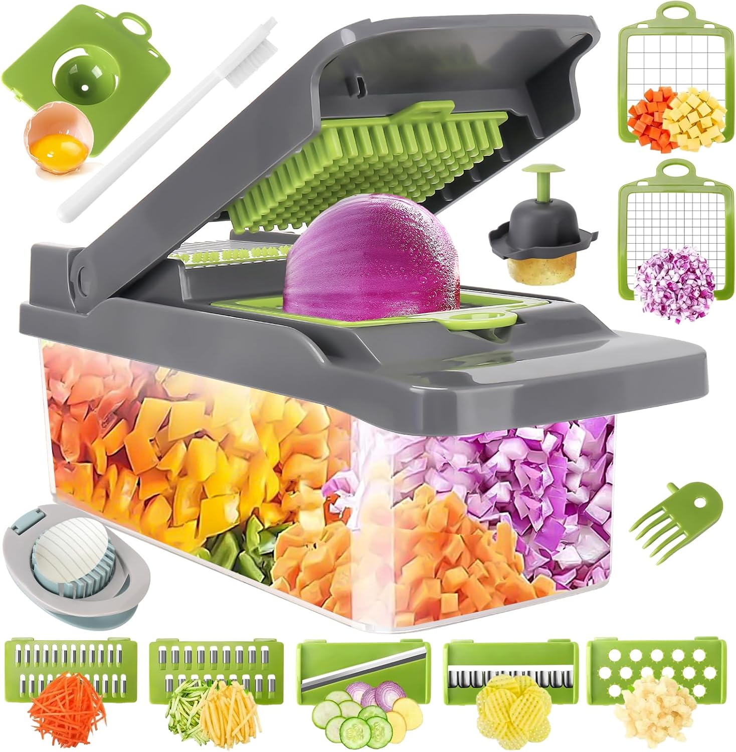 SunnySanji Picador de verduras Pro, picador de alimentos 15 en 1, picador de cebolla, picador de verduras o trituración, rebanador de mandolina y