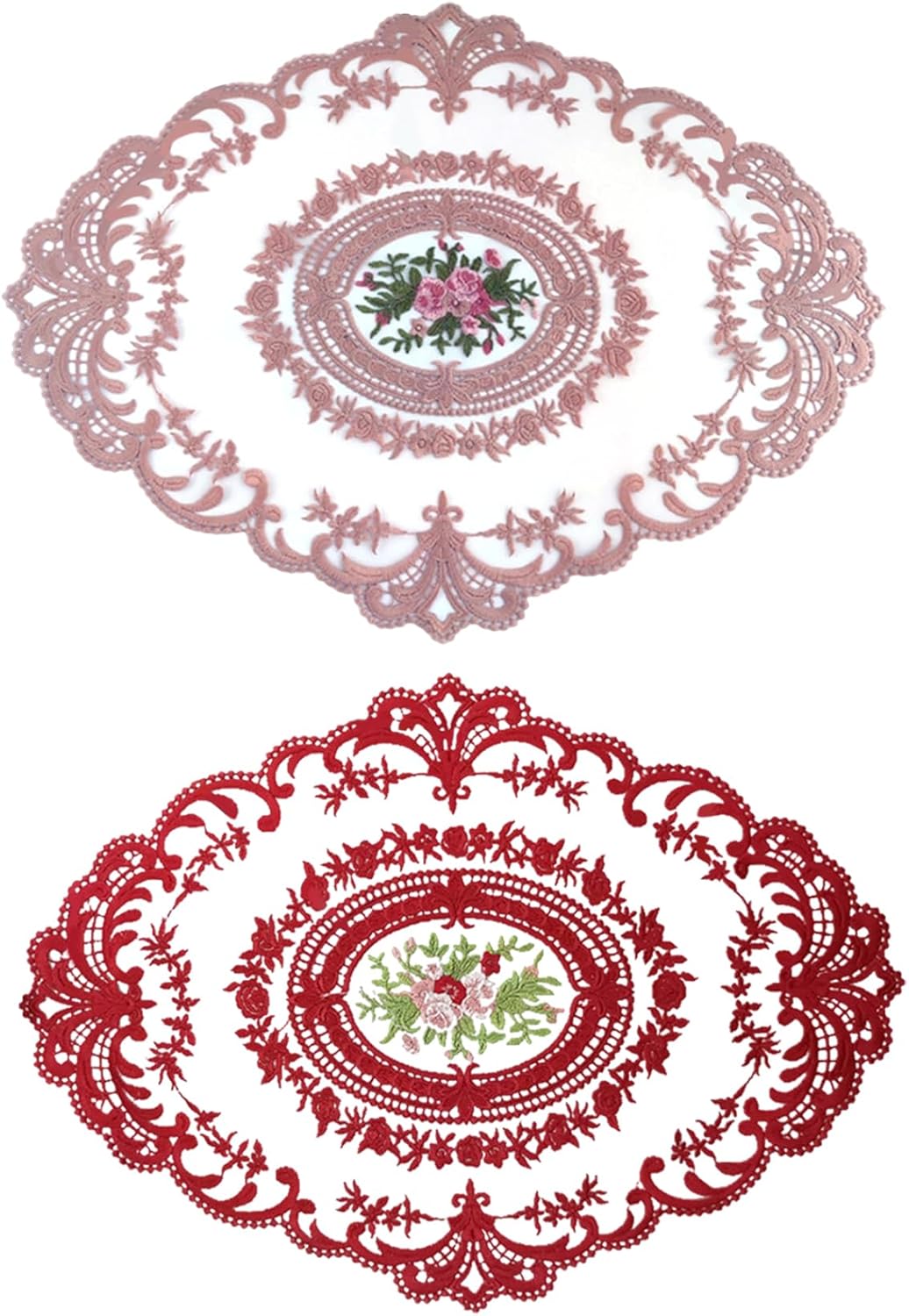 Mantel para mesa auxiliar, manteles individuales de encaje, 2 piezas de malla ovalada bordada de flores de 16.5 x 12.2 pulgadas, manteles