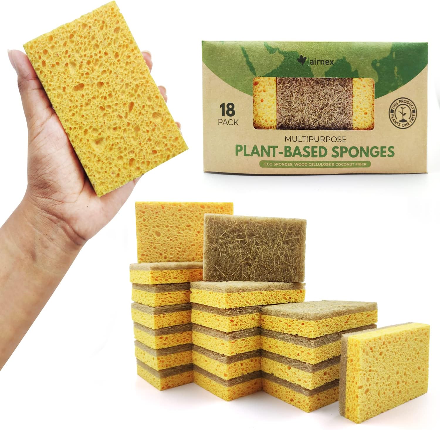 AIRNEX Paquete de 18 esponjas naturales biodegradables de cocina, esponja compostable de celulosa y nuez de coco, esponjas ecológicas para platos