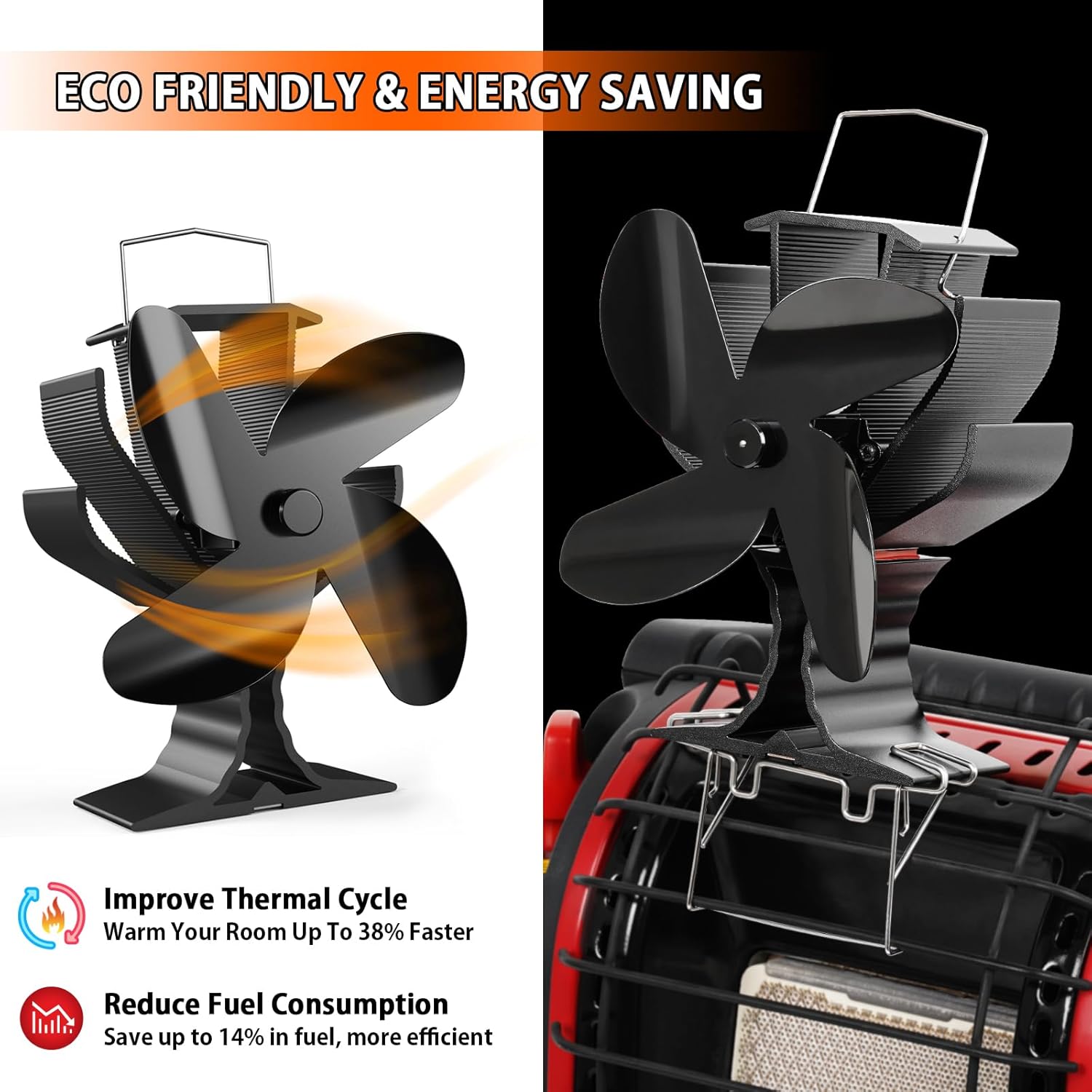 Ventilador de estufa de leña alimentado por calor, ventilador de chimenea de 4 aspas con soporte compatible con calentador Buddy, ventilador de