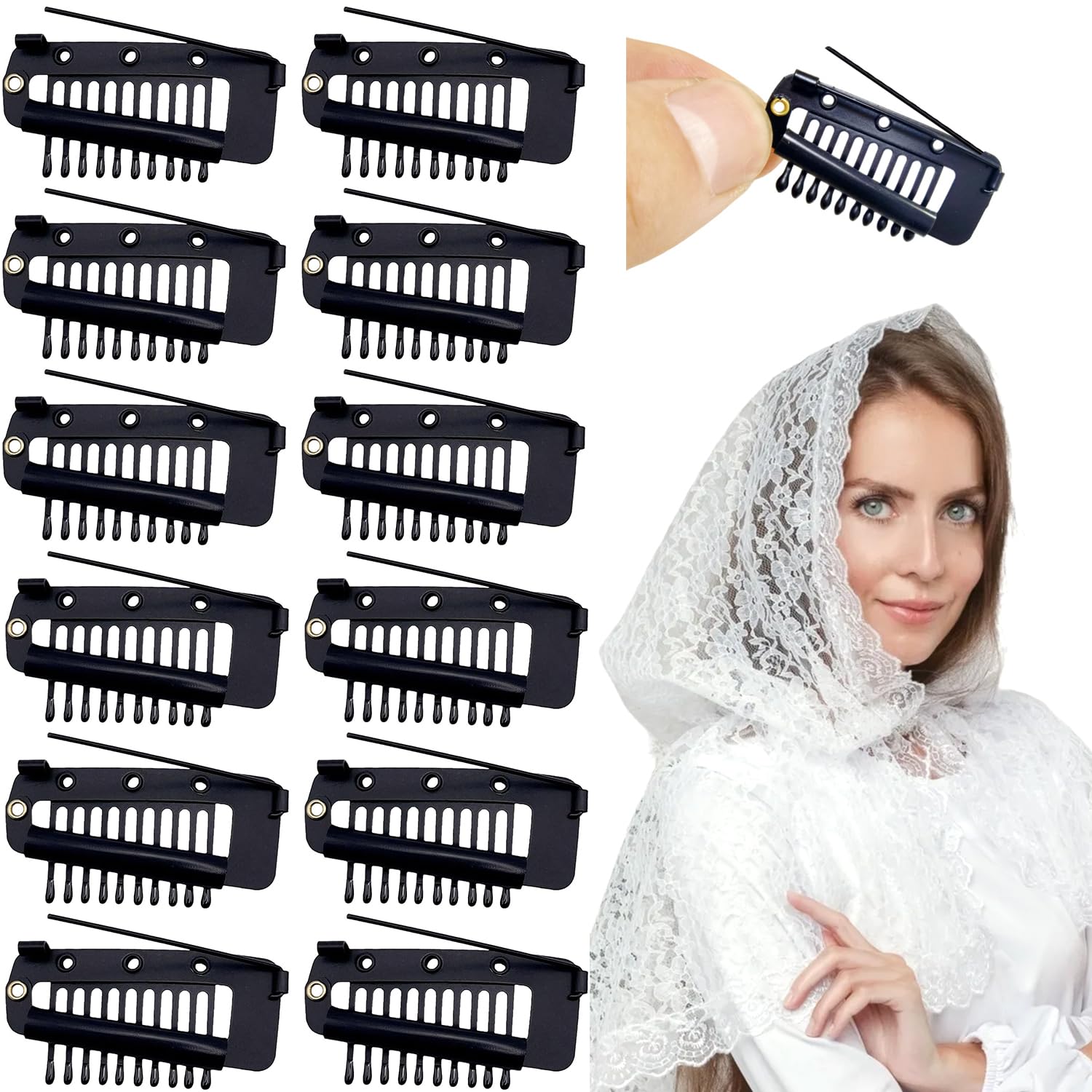Qearl 12 clips negros Chunni con pasadores de seguridad, fuerte agarre Chunni Dupatta clips de ajuste indios para mujer