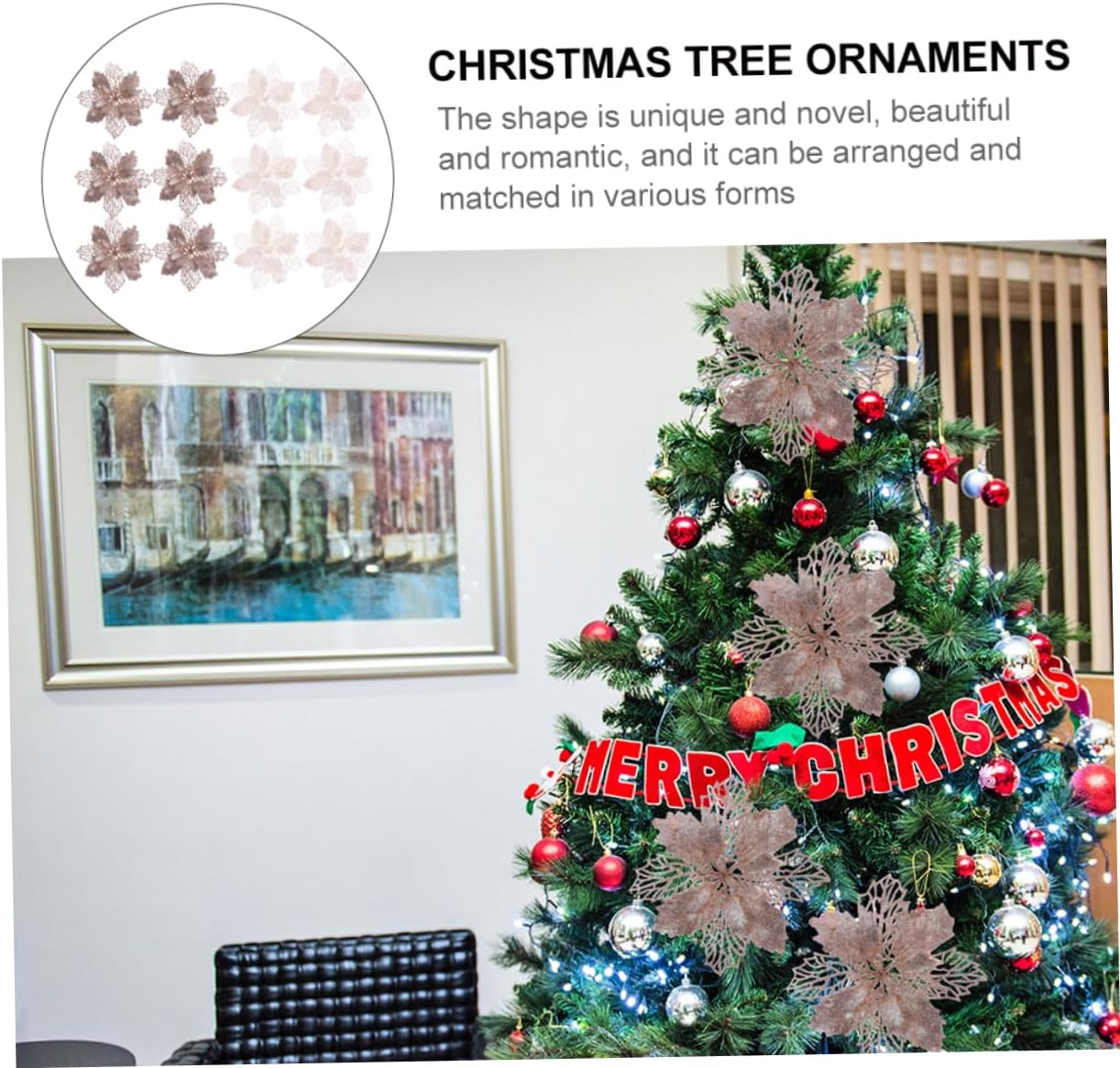 Abaodam 36 Pcs Hollow Out Christmas Flower 16c Christmas Tree Glitter Powder Charm