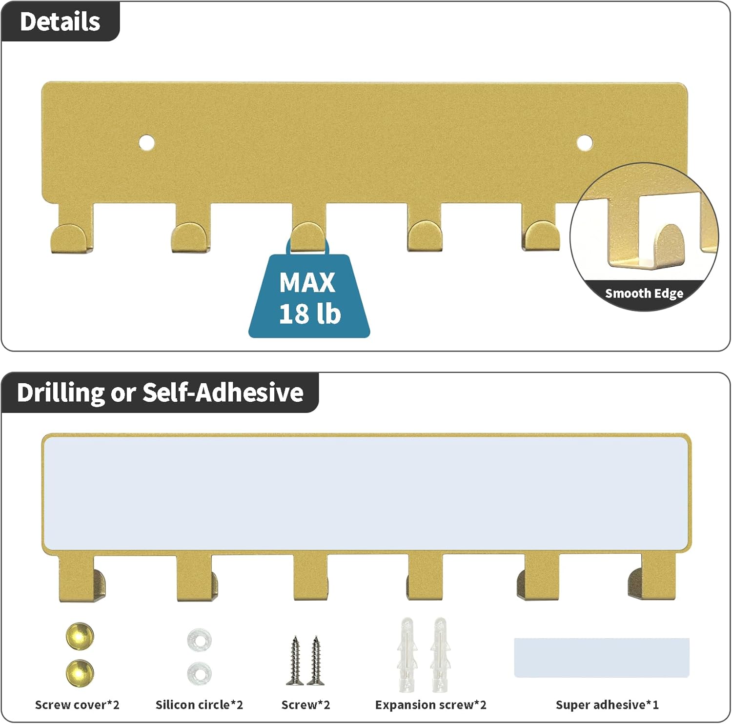 GTK Soporte para llaves de pared, ganchos para llaves con 6 ganchos, soporte para llaves montado en la pared para pasillo, estante autoadhesivo para
