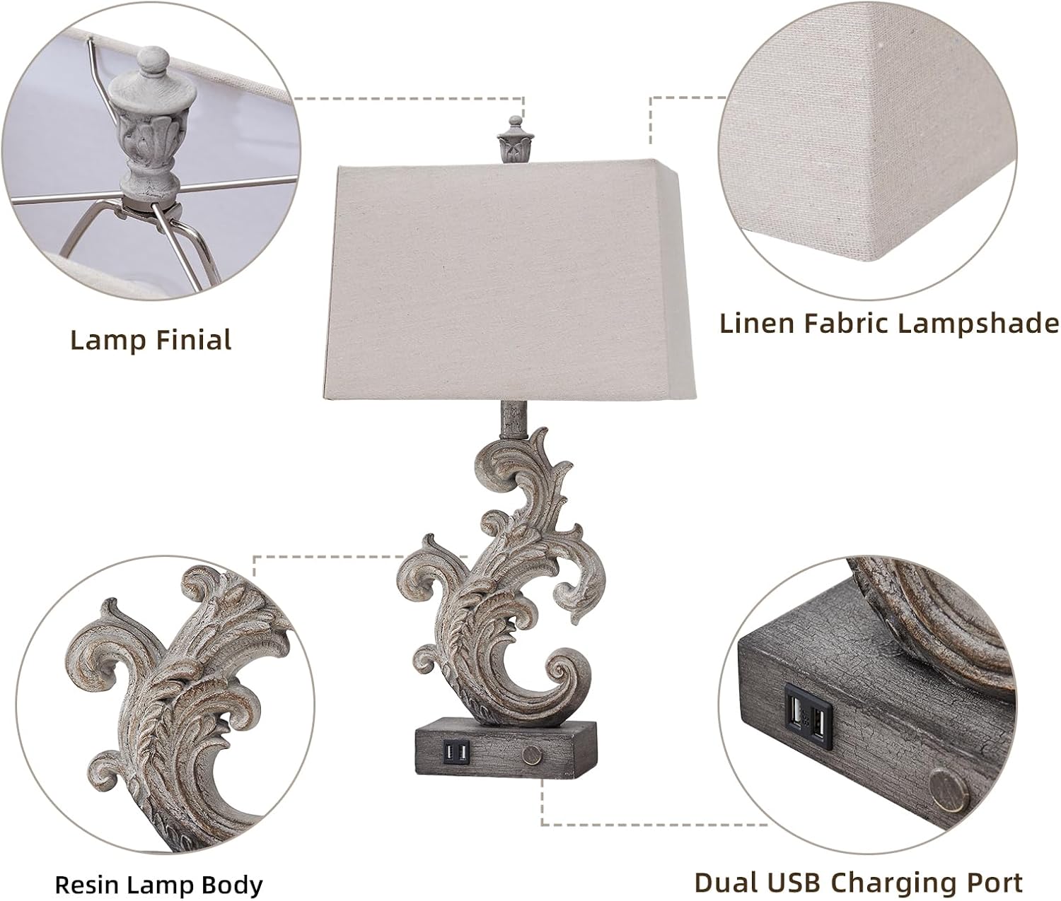 AIEAMPDO Juego de 2 lámparas de mesa de granja para sala de estar, lámpara táctil regulable de 3 vías con puertos USB duales, lámpara de escritorio