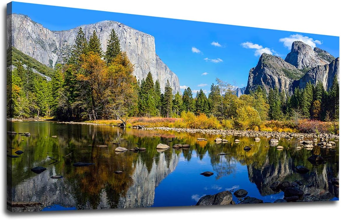 Lienzo grande para pared, paisaje de montaña y lago, arte en lienzo sobre el parque nacional de Yosemite, bosque verde, lago azul, agua, arte