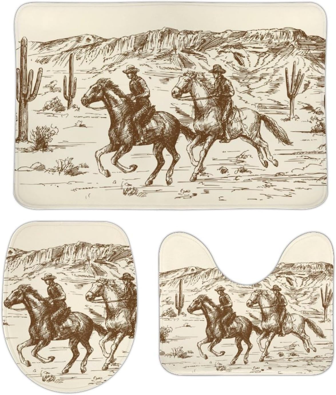 American Wild West Cowboys – Juego de 3 alfombras de baño de terciopelo coral con temática de país occidental, antideslizante, absorbente, en forma