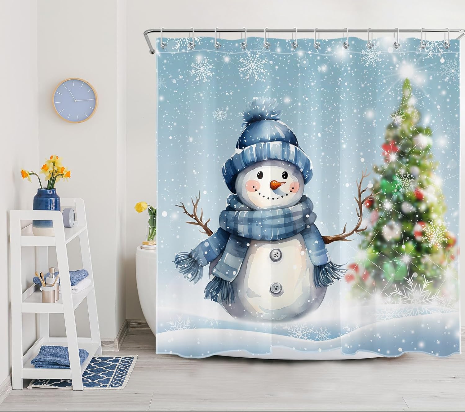 LB Blue Christmas Snowman Shower Curtain for Bathroom, Christmas Tree and Snowflake in Winter Snow Scene Fabric Shower Curtain with Hooks, New Year