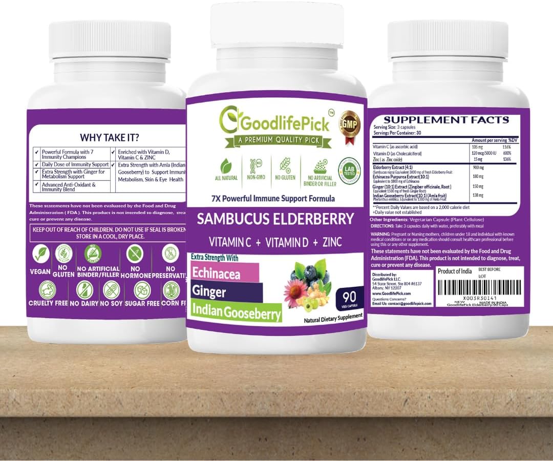 Baya de saúco 7 en 1 con zinc, vitamina C, vitamina D, equinácea, jengibre y grosella espinosa india (Amla). Cápsulas de saúco prémium de 90