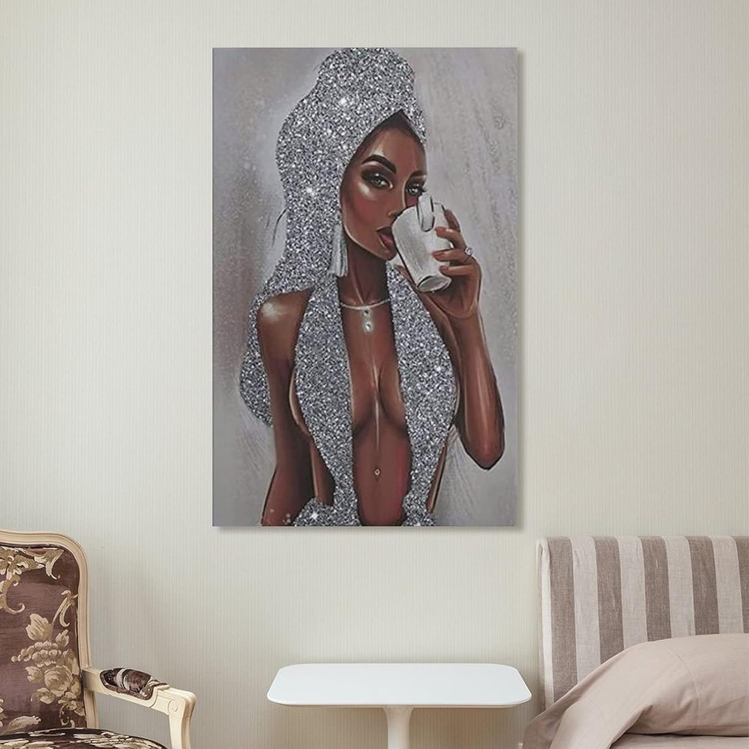Pósteres afroamericanos con purpurina negra y plateada, arte de pared de niña negra, pósteres e impresiones artísticas de pared para sala de estar,