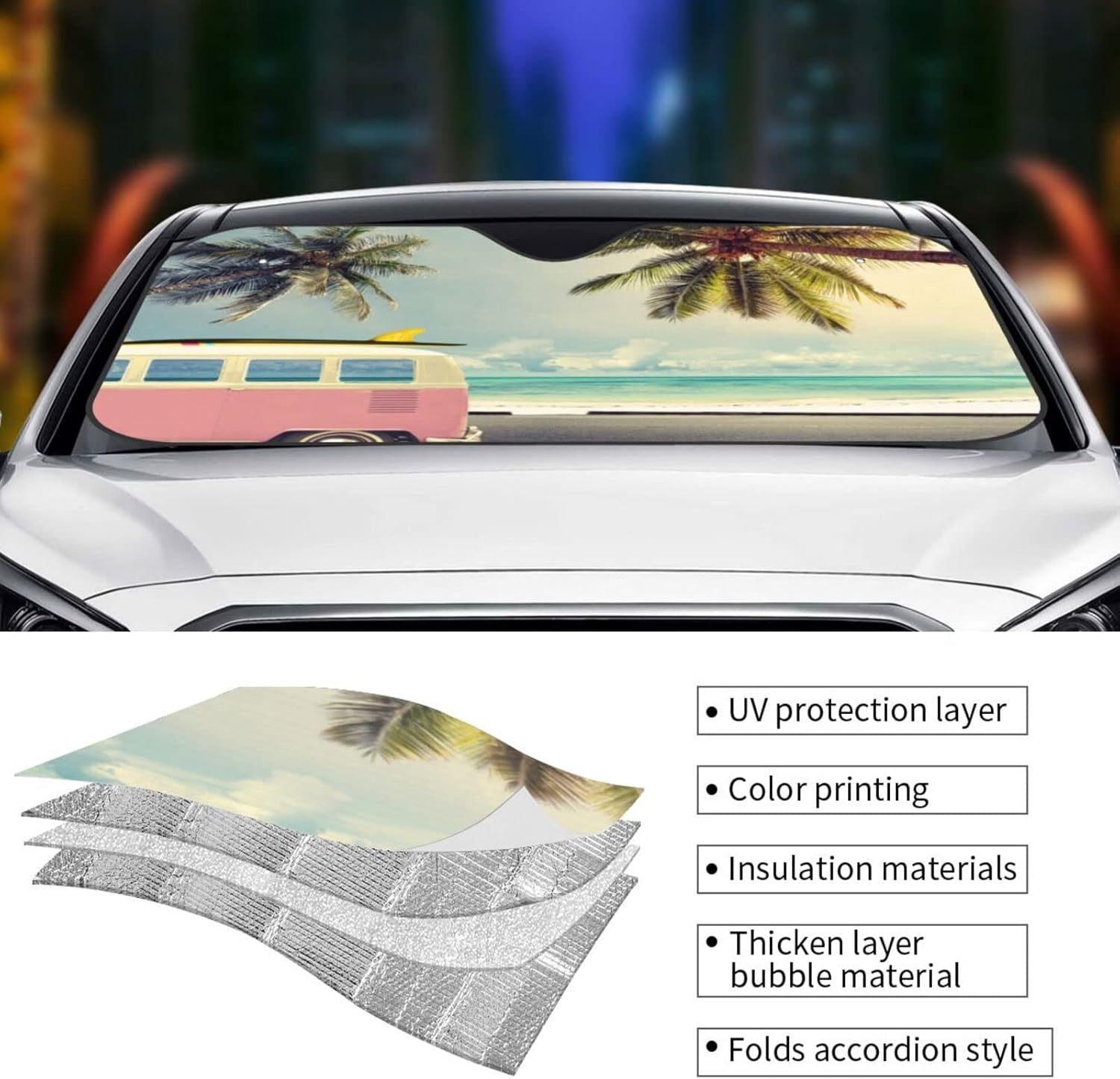 Parasol plegable para parabrisas de automóvil, diseño de playa tropical, para ventana delantera, para automóvil, camión, SUV, 55 x 29.9 pulgadas