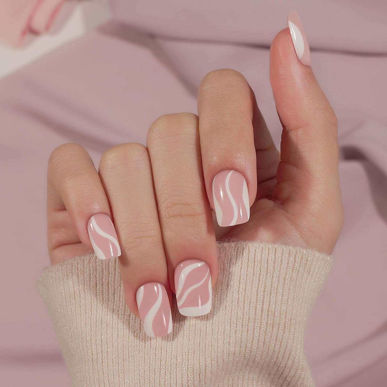 Uñas postizas cortas a presión de San Valentín, con diseños de remolinos rosados y blancos, uñas postizas acrílicas reutilizables con pegamento,