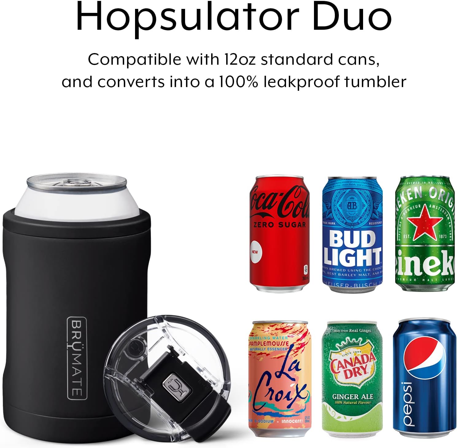 BrüMate Hopsulator Duo – Enfriador de latas 2 en 1 aislado para latas de 12 onzas + vaso 100 % a prueba de fugas con tapa, puede aislarse para