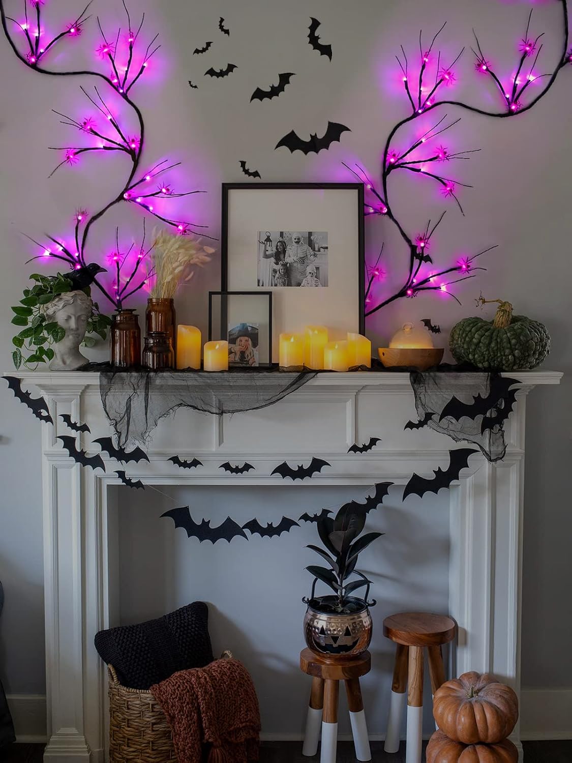Guirnalda de luces de Halloween para decoración de Halloween, luces de araña de 6.5 pies, 48 LED, funciona con pilas, ramas de araña de Halloween,