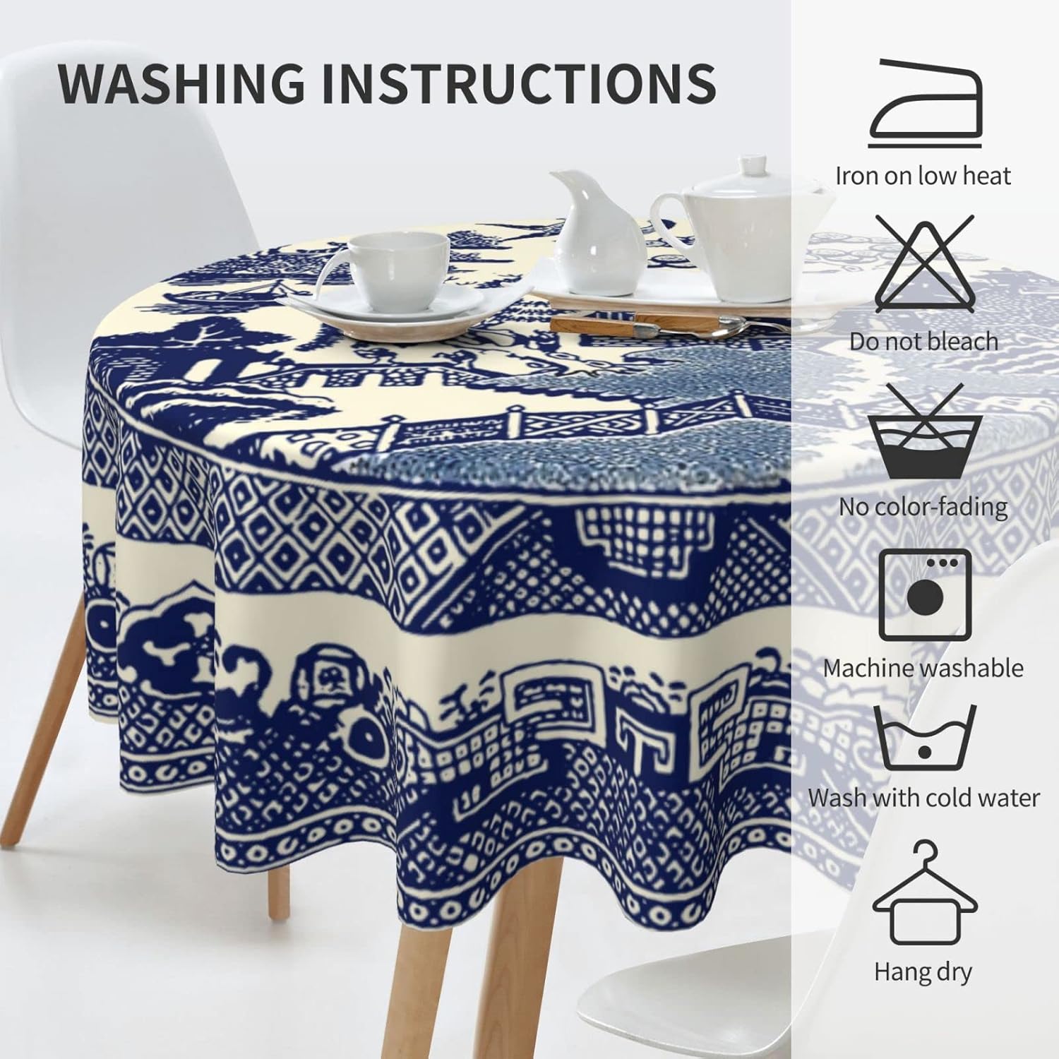 Mantel redondo de 50 pulgadas, resistente, reutilizable, lavable, estilo oriental, azul chino, sauce, mantel redondo para comedor, cocina, fiestas
