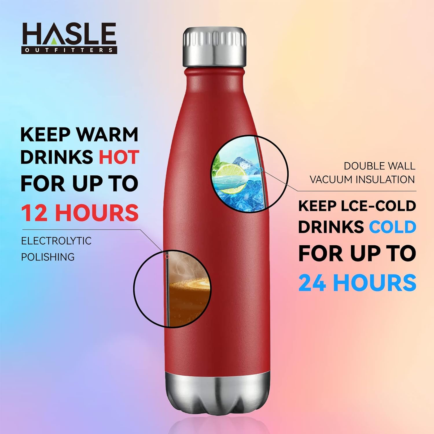 HASLE OUTFITTERS Termos aislados al vacío de doble pared de metal, 0.6 L, botella para agua, deportiva, de acero inoxidable, agua fría y caliente,