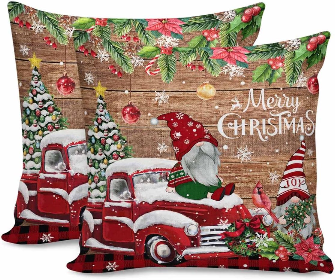 Juego de 2 fundas de almohada de 18 x 18 pulgadas, diseño de camión de gnomo de Navidad, fundas de almohada cuadradas de lino y algodón para patio,