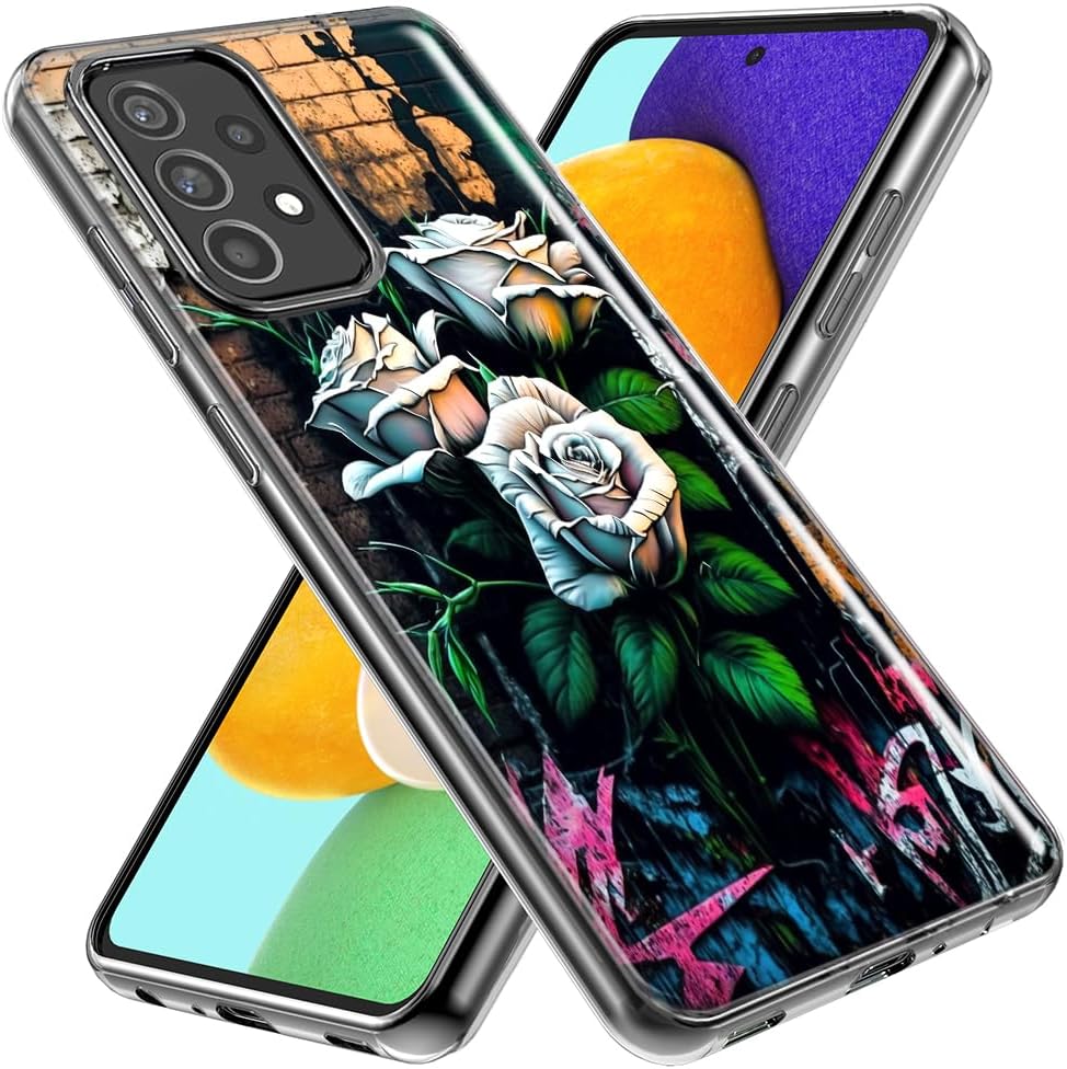 MUNDAZE – Case for Samsung Galaxy A52 Slim Hybrid Shockproof Hard Shell Soft TPU Heavy Duty Protective Phone Cover – White Roses Graffiti Wall Art