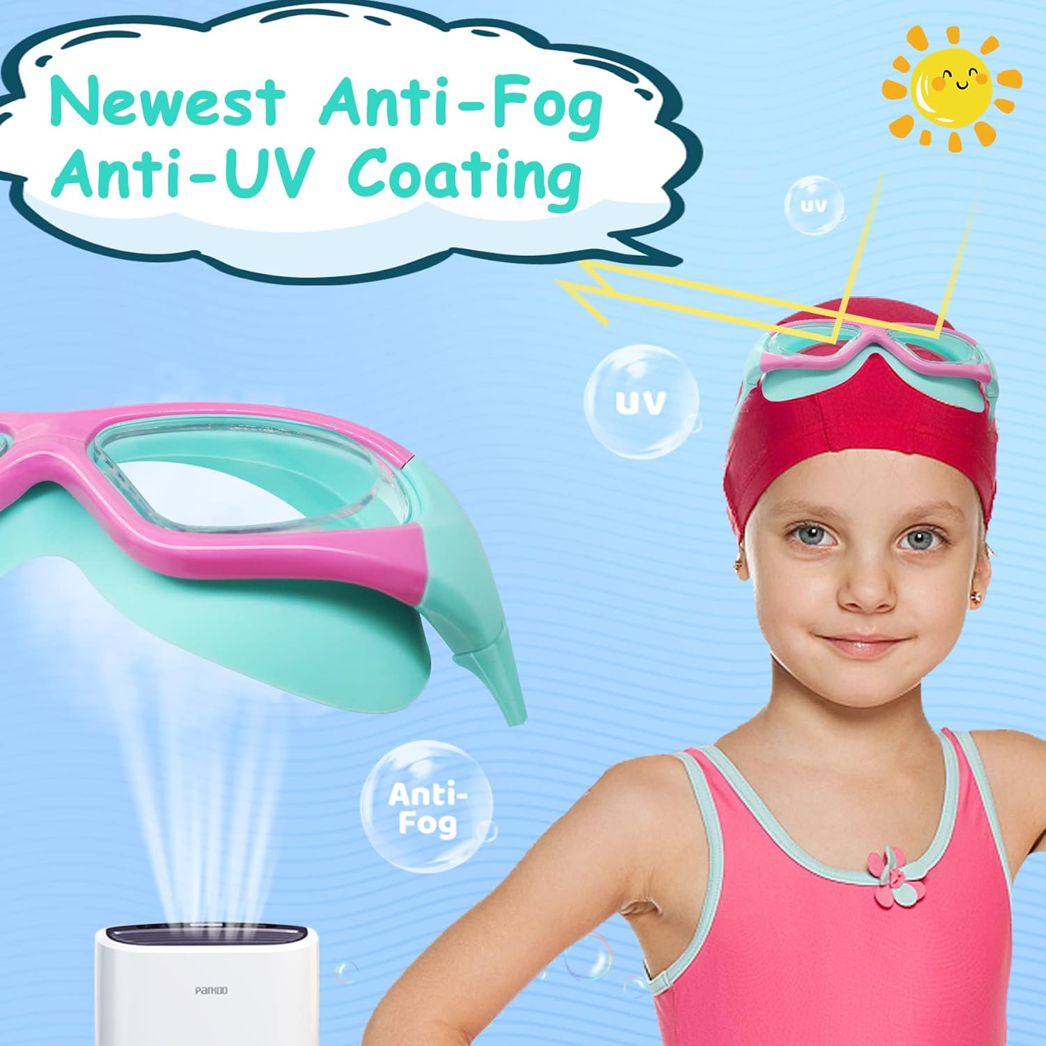 Vvinca Gafas de natación para niños de 3 a 12 años, diseño mejorado 2024 con tapón para la oreja y la nariz, visión amplia, antivaho sin fugas,