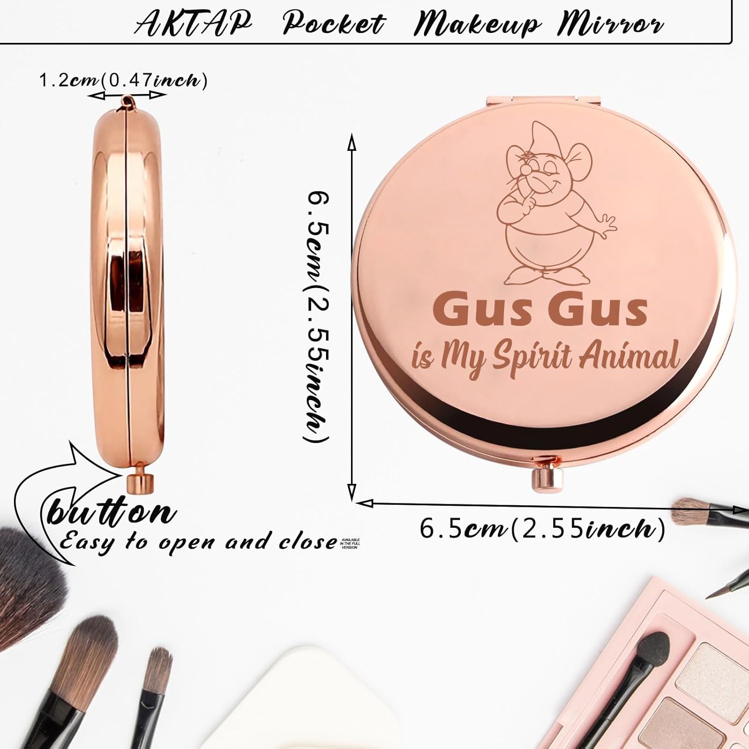 AKTAP Gus Gus The Mouse – Espejo de bolsillo para regalo de cuento de hadas inspirado en la historia de Gus Gus es mi espíritu, espejo de maquillaje