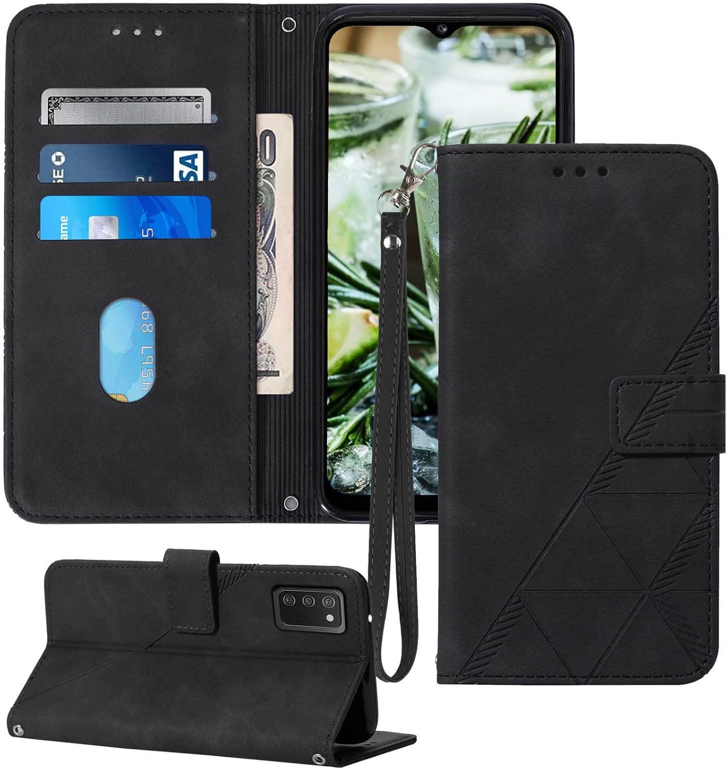 Funda A03s, funda para Galaxy A03s, función atril, correa de muñeca, ranuras para tarjetero, funda protectora interior de TPU para Samsung A03s,