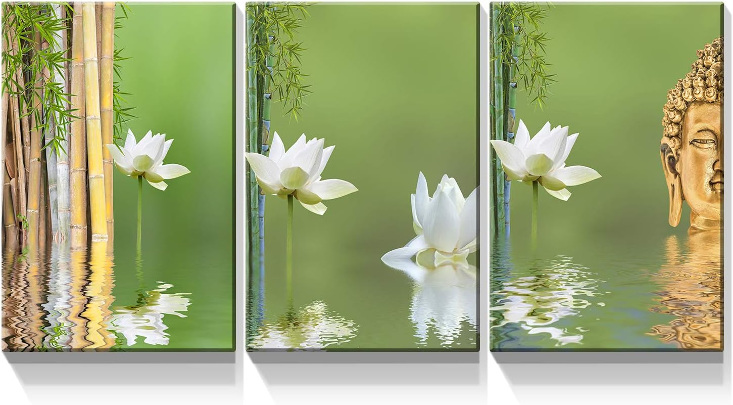 Denozer – Lienzo decorativo para pared de 3 piezas – Naturaleza muerta con bambú de loto blanco y estatua de Buda – Arte moderno para el hogar