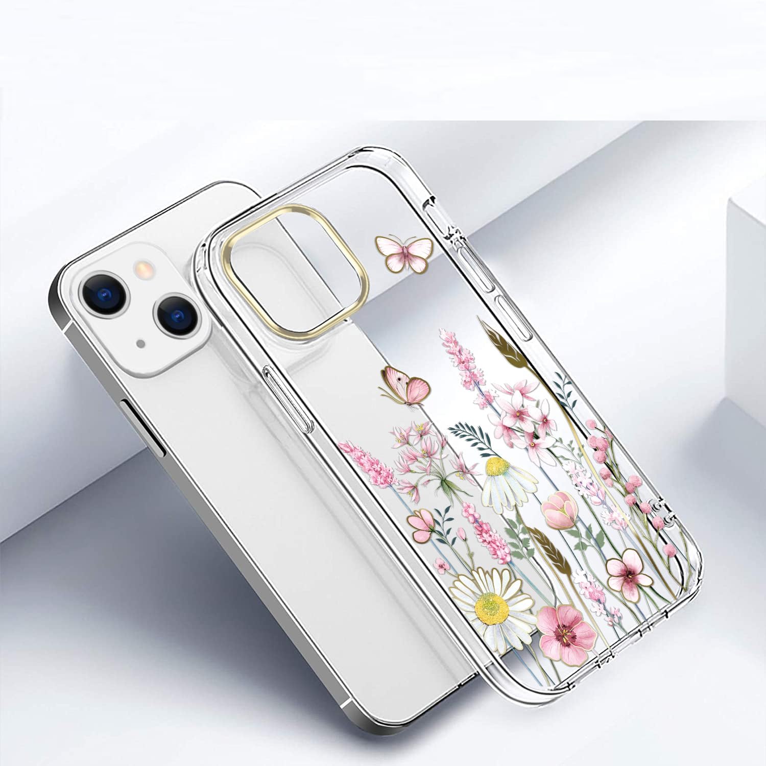 luolnh Funda compatible con iPhone 15 con correa de muñeca, para mujeres y niñas, a prueba de golpes, transparente, patrón floral, cubierta trasera