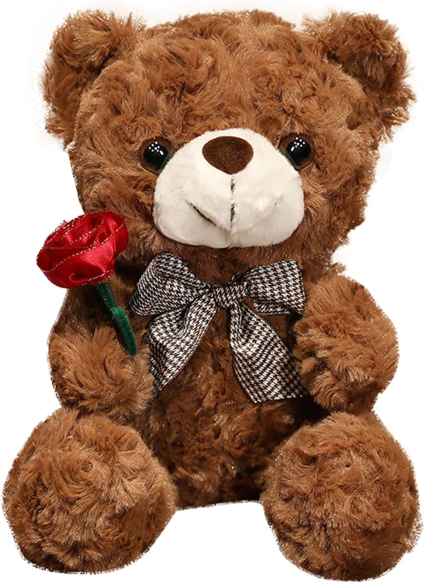 Evlooe Oso de peluche para el día de San Valentín, lindo oso de peluche de 9.8 pulgadas con rosa, suave, pequeño, regalo para novia novio (marrón)
