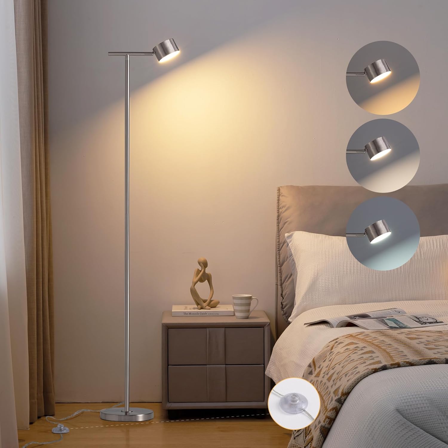 FIGDIFOR Lámpara de pie para dormitorio, lámpara de lectura de pie de 3 temperaturas de color con tapa de lámpara flexible, lámparas de pie modernas