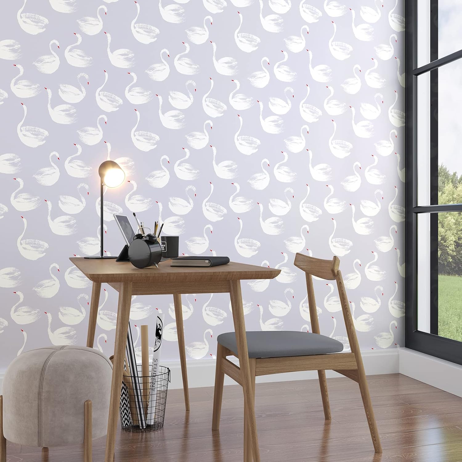 Papel tapiz de vinilo autoadhesivo con diseño de cisne blanco, diseño de cisnes de animales Art Deco, color gris, rojo y blanco, removible para