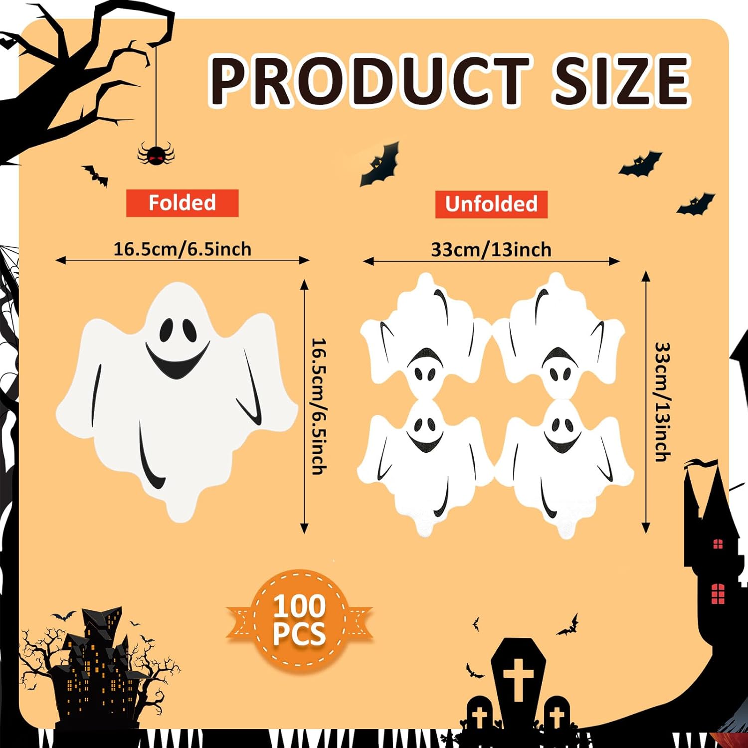 Honoson 120 servilletas de fiesta de Halloween de 13 x 13 pulgadas, servilletas de papel de fantasma blanco de 3 capas de calabaza de Halloween,