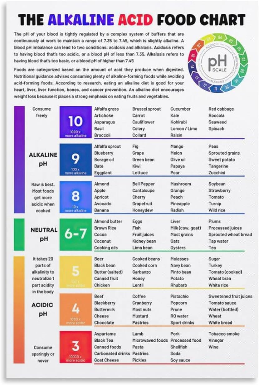 FGRID Póster educativo con texto en inglés The Alkaline Acid Food Chart Food Chart, póster educativo de nutrición para dormitorio, sala de estar, 12
