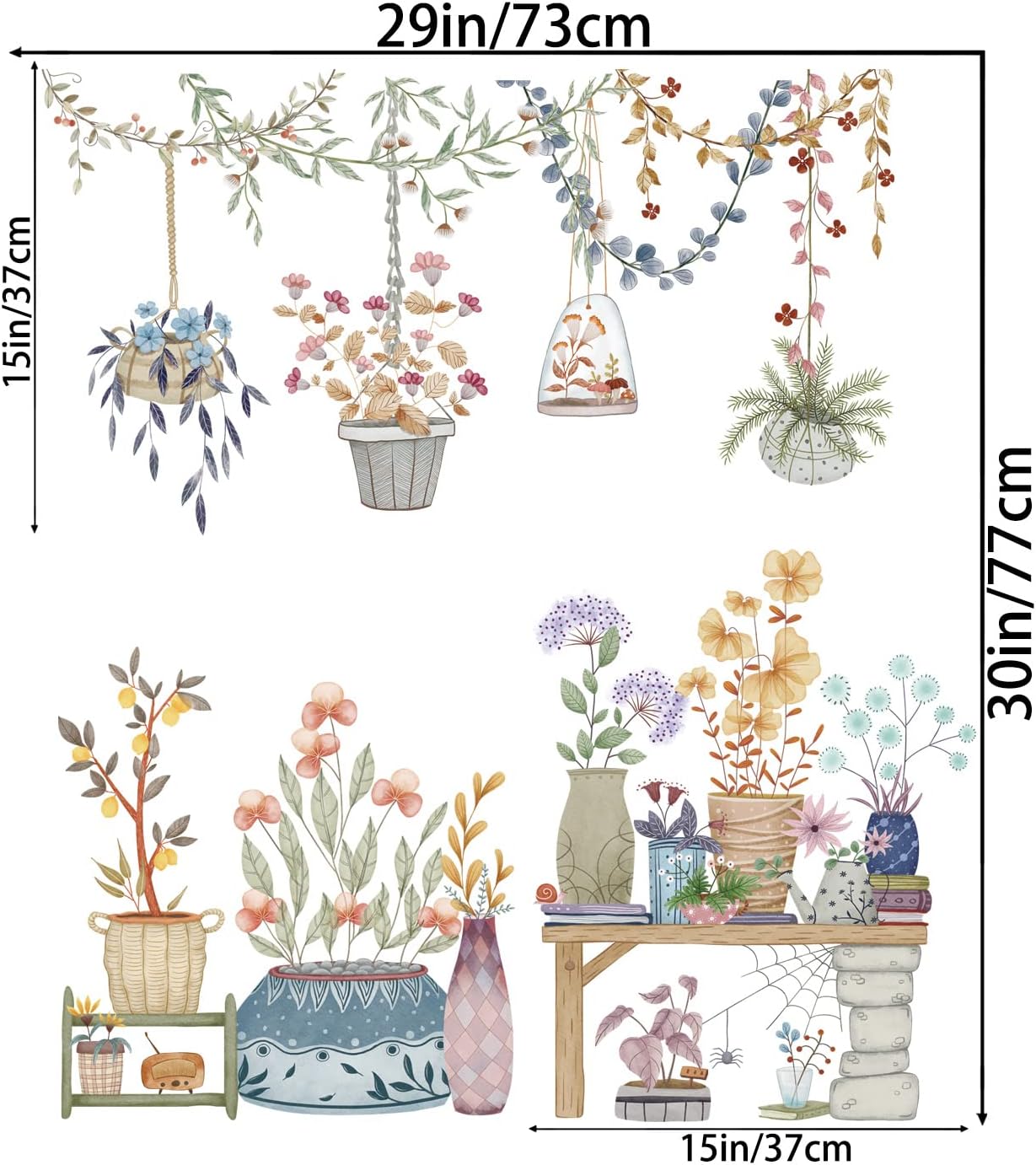 Calcomanías de pared extraíbles para colgar en macetas, calcomanías de pared de plantas coloridas, calcomanías de pared con colgante floral de