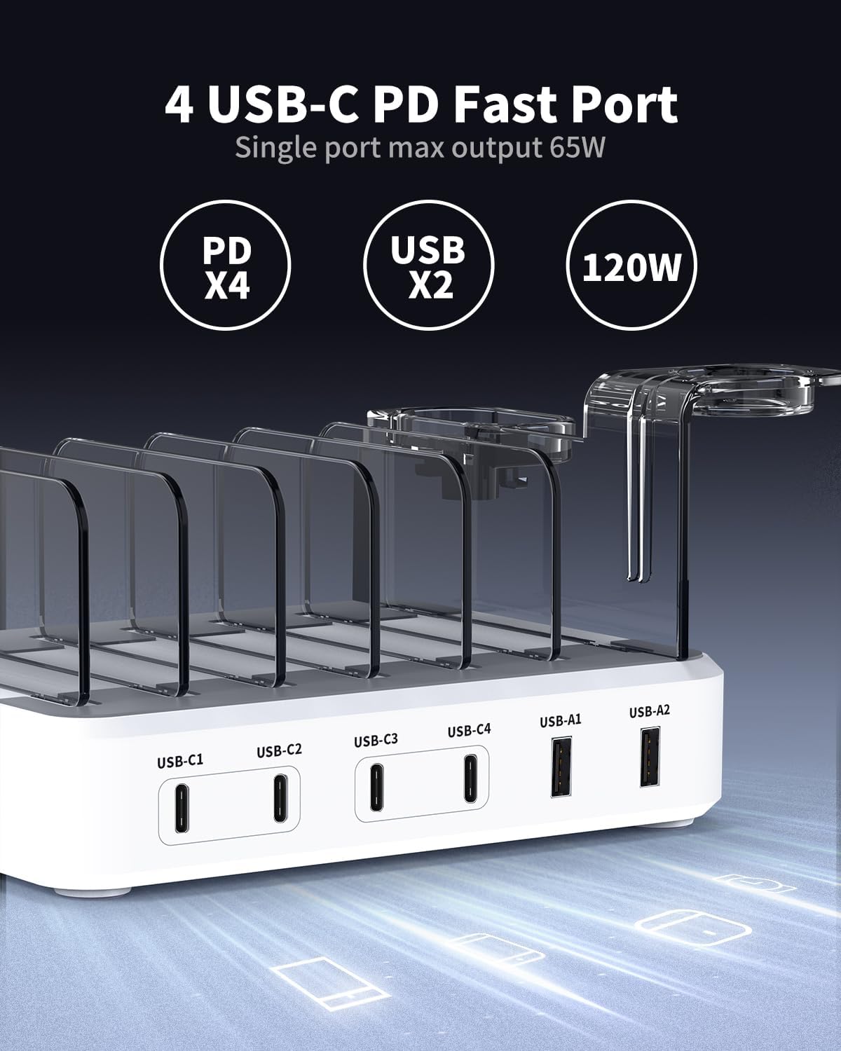 TYCRALI Estación de carga de 120 W para múltiples dispositivos Apple iPhone iPad Airpods, 4C2A (C1C2 65W+C3C4 45W) cargador rápido USB C para