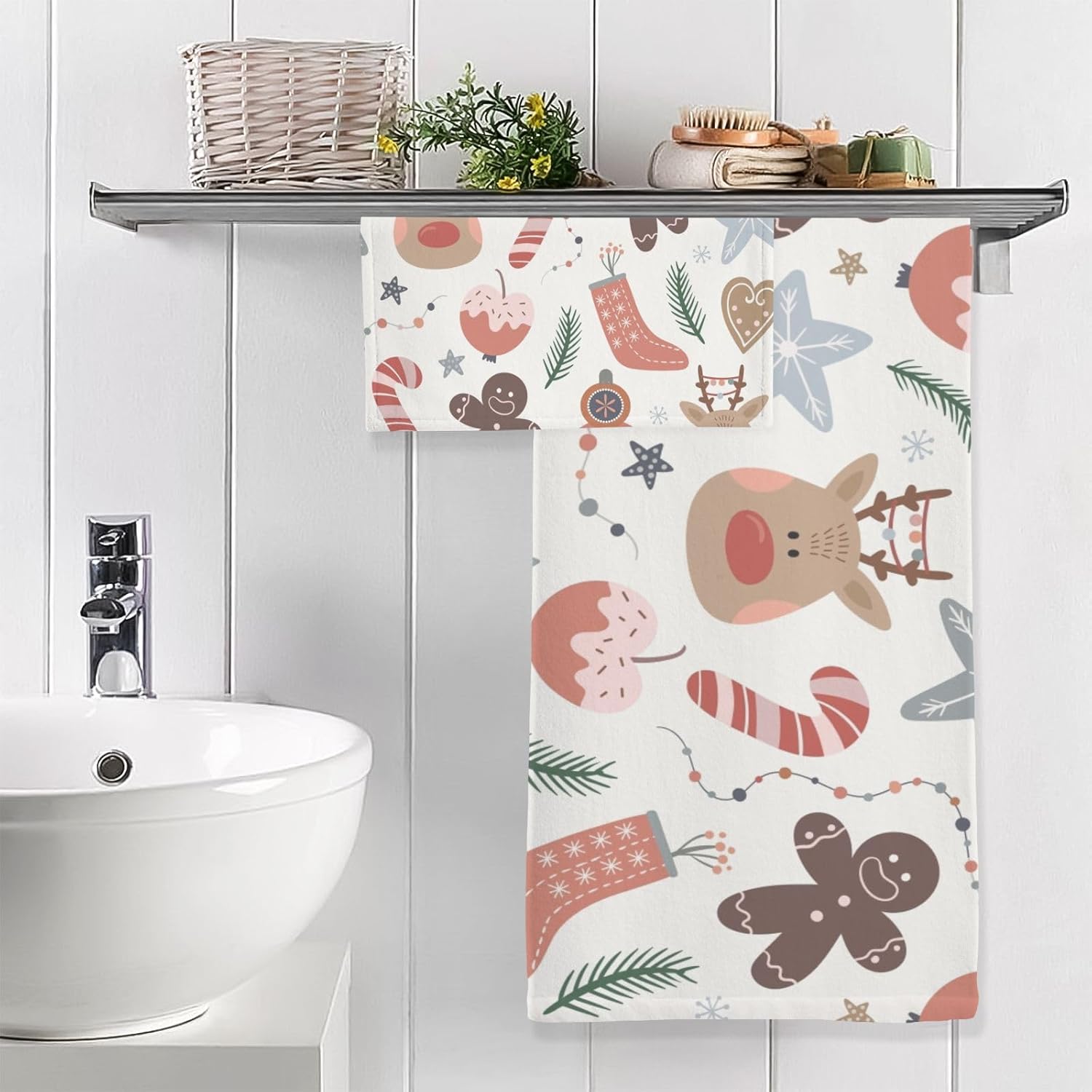 senya Bath Towel Set, Christmas Forest Animal Reindeer Gingerbread Cotton Bath Towels Soft Highly Absorbent Fast Drying for Bathroom Gym Hotel