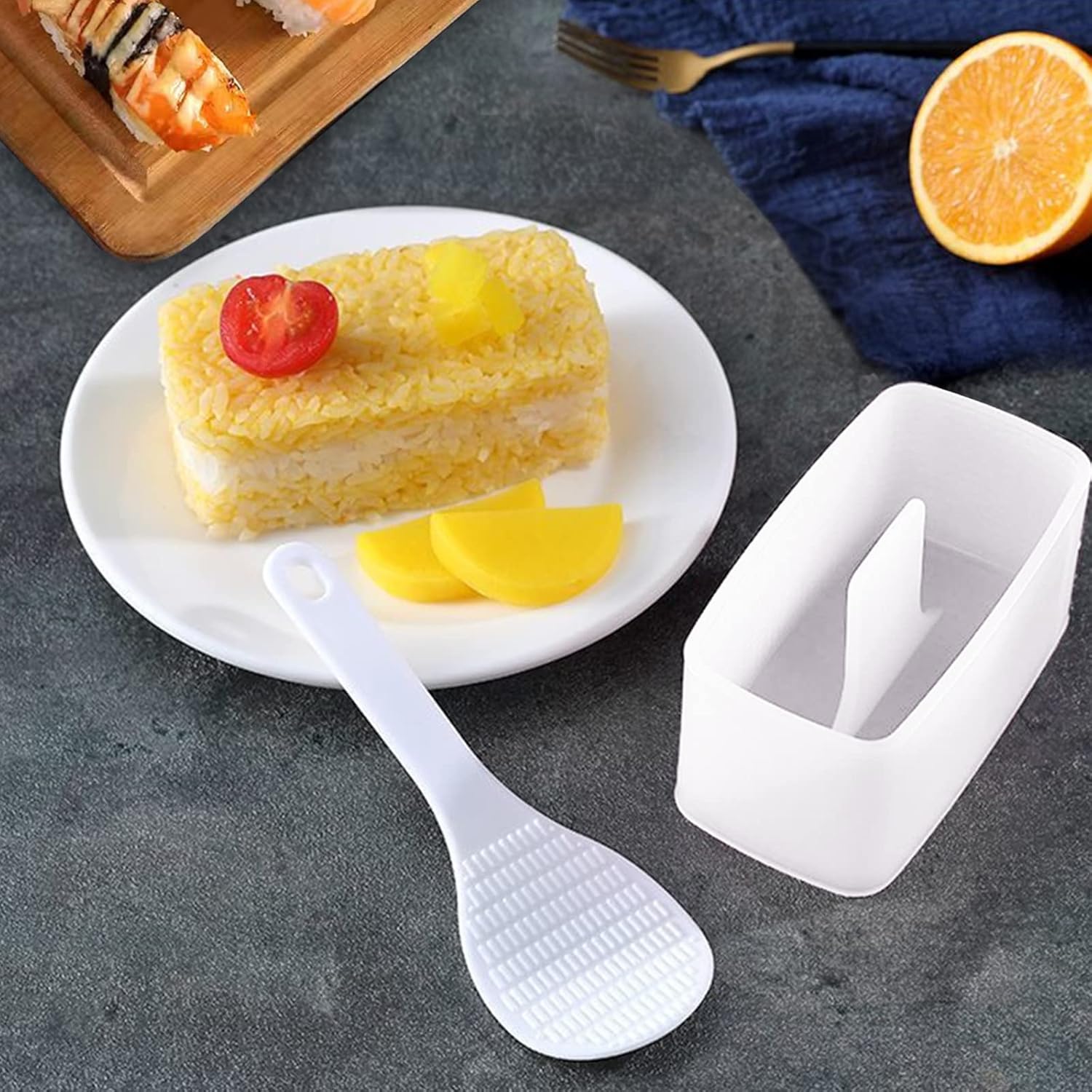 Hedume Juego de 6 kits de fabricación de sushi antiadherentes, prensa para hacer Musubi con paleta de arroz pequeña, no tóxico, molde de Musubi sin