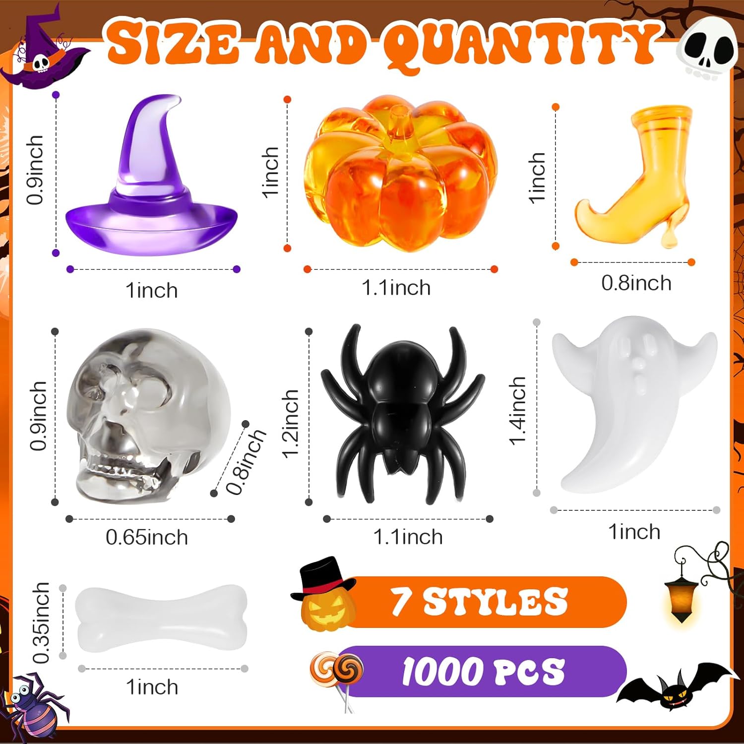 Deekin Mini juguetes de fantasma realistas de Halloween, juguetes de araña, relleno de jarrón, mini sombrero de bruja acrílico, cabeza de calavera,