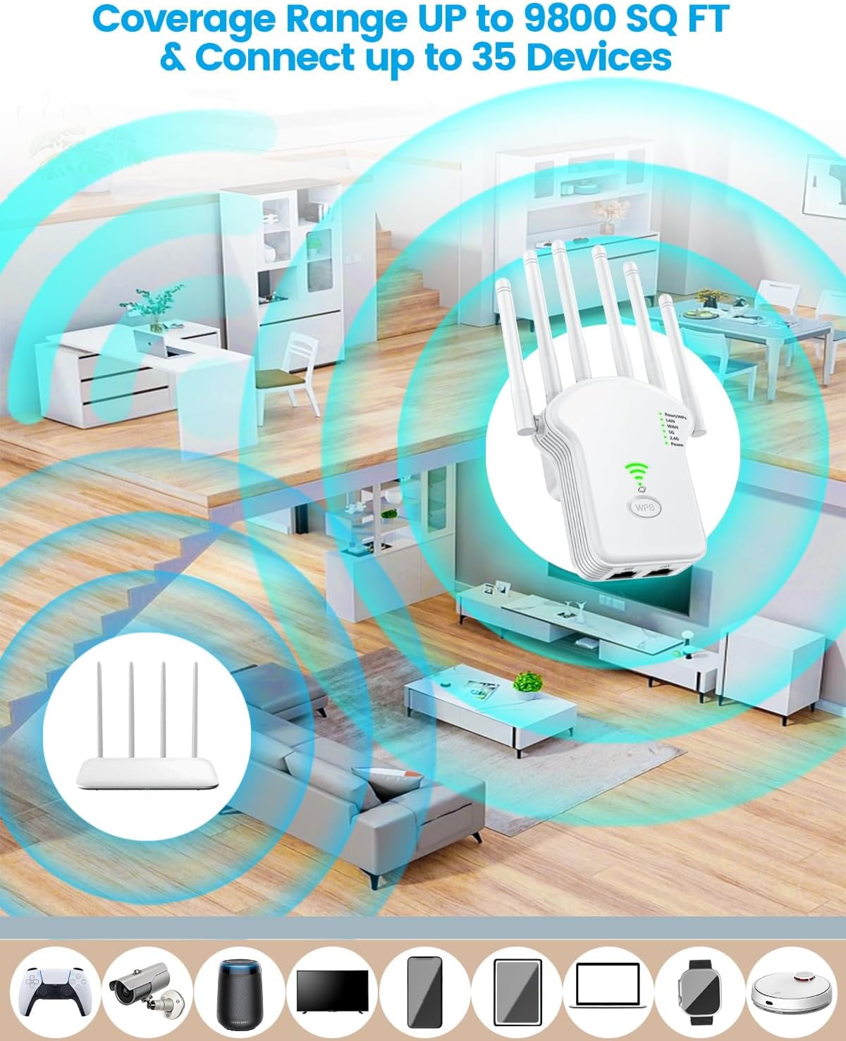 Extensor WiFi, repetidor WiFi de 1200 Mbits (867 MBits 5 GHz + 300 MBits 2,4 GHz), amplificador WiFi con modo repetidorenrutadorpunto de acceso,