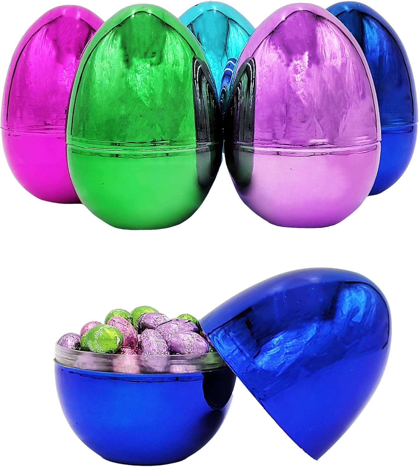 Huevos de Pascua rellenables (paquete de 12) huevos de Pascua gigantes de plástico metálicos coloridos de 6 pulgadas, se mantienen verticales,