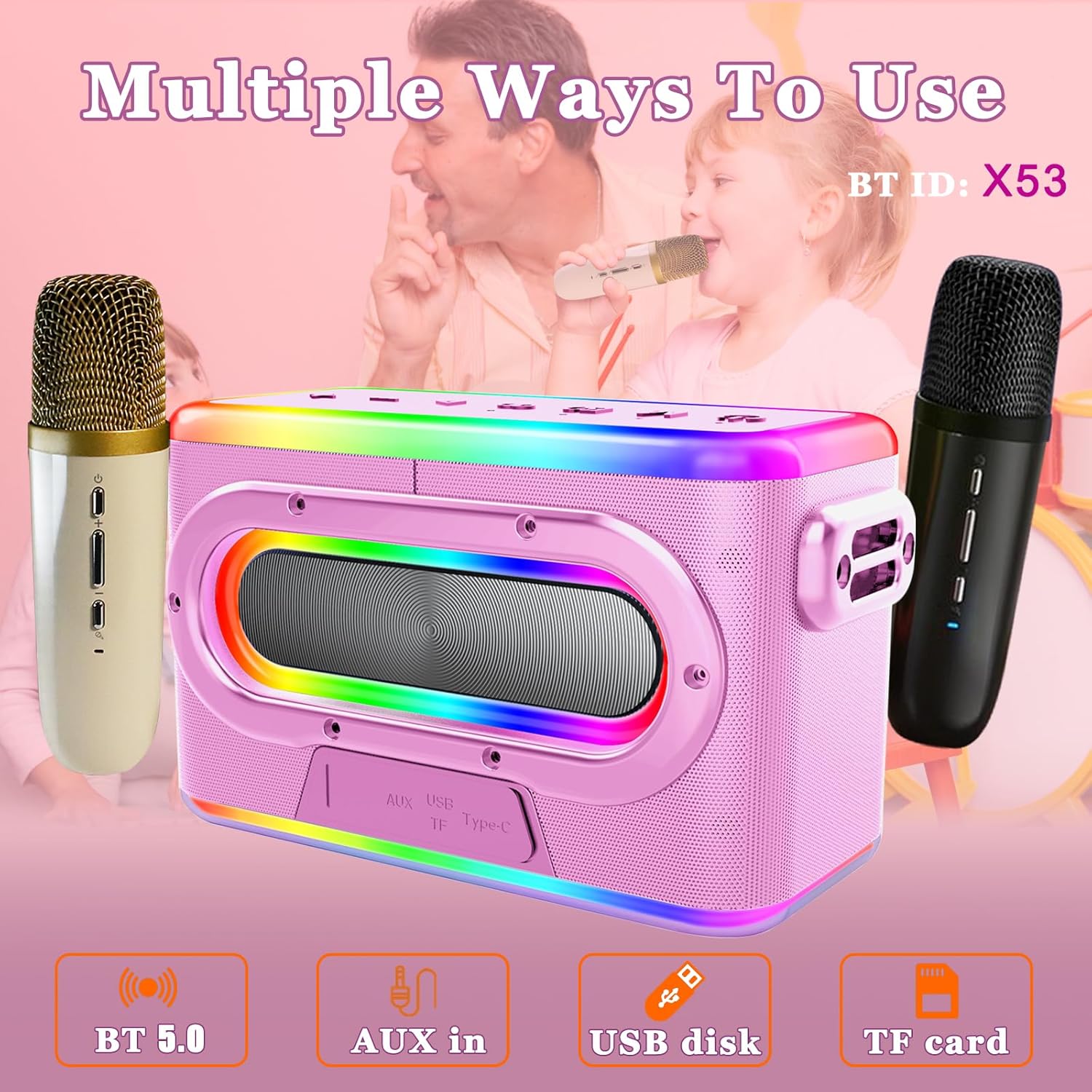 Altavoz de reverberación de 80 W, máquina de karaoke inalámbrica BT con 2 micrófonos, sistema PA alimentado por batería para adultosniños, fiesta en